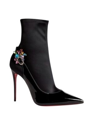 CHRISTIAN LOUBOUTIN Jessie Booty Joli 100 Black Patent & Satin Ankle Boots Heels